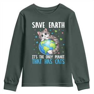 Earth Day Youth Sweatshirt Save Earth Its The Only Planet With Cats TS12 Dark Forest Green Print Your Wear