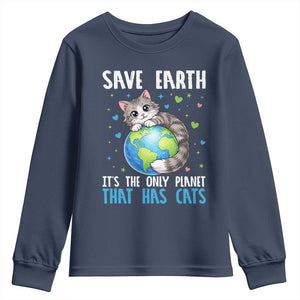 Earth Day Youth Sweatshirt Save Earth Its The Only Planet With Cats TS12 Navy Print Your Wear