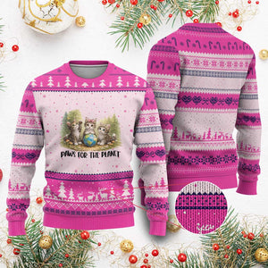 Earth Day Cat Lover Ugly Christmas Sweater Paws For The Planet TS12 Hot Pink Print Your Wear