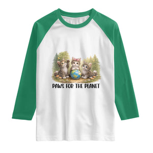Earth Day Cat Lover Raglan Shirt Paws For The Planet TS12 White Kelly Green Print Your Wear