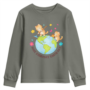 Make Everyday Earth Day Youth Sweatshirt Funny Cat Lover Gift TS12 Military Green Print Your Wear