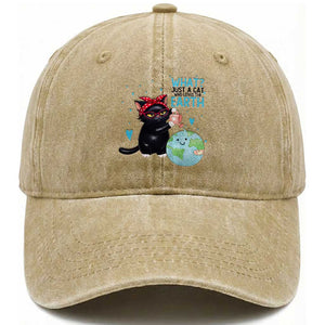 Just A Cat Who Loves The Earth Washed Cotton Baseball Cap Earth Day Cat Lover Gift TS12 Washed Cap Universal Fit Khaki Print Your Wear