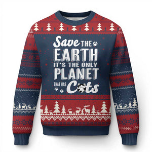 Earth Day Cat Lover Ugly Christmas Sweater Save Earth Its The Only Planet With Cats TS12 Navy Red Print Your Wear