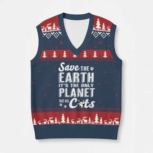 Earth Day Cat Lover V-Neck Knit Sweater Vest Save Earth Its The Only Planet With Cats TS12 Navy Red Print Your Wear