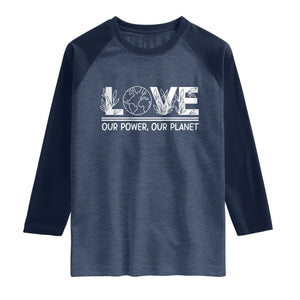 Our Power Our Planet Raglan Shirt Earth Day Eco Friendly TS12 Heather Denim Navy Print Your Wear