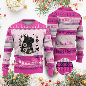 Black Maine Coon Cat Ugly Christmas Sweater Floral Sunflower Watercolor Gift