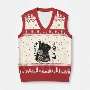 Black Maine Coon Cat V-Neck Knit Sweater Vest Floral Sunflower Watercolor Gift TS12 Beige Red Print Your Wear