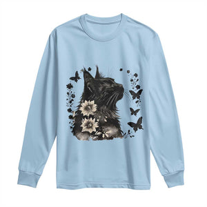 Black Maine Coon Cat Long Sleeve Shirt Floral Sunflower Watercolor Gift TS12 Light Blue Print Your Wear