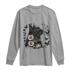 Black Maine Coon Cat Long Sleeve Shirt Floral Sunflower Watercolor Gift TS12 Sport Gray Print Your Wear