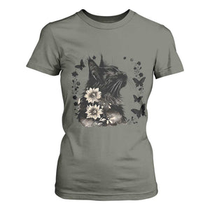 Black Maine Coon Cat T Shirt For Women Floral Sunflower Watercolor Gift TS12 Military Green Print Your Wear