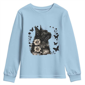 Black Maine Coon Cat Youth Sweatshirt Floral Sunflower Watercolor Gift TS12 Light Blue Print Your Wear