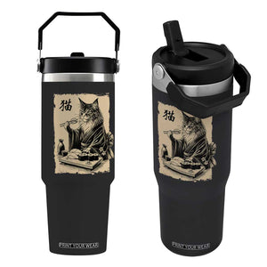 Vintage Japanese Cat Eating Sushi Flip Straw Tumbler Funny Maine Coon Kimono Gift TS12 One Size: 30 oz Black Print Your Wear