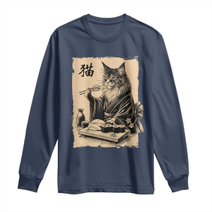 Vintage Japanese Cat Eating Sushi Long Sleeve Shirt Funny Maine Coon Kimono Gift TS12 Navy Print Your Wear
