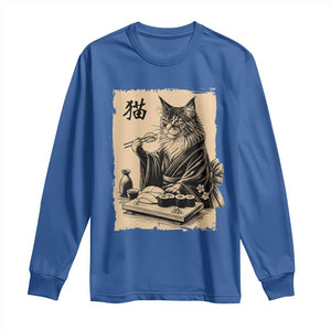 Vintage Japanese Cat Eating Sushi Long Sleeve Shirt Funny Maine Coon Kimono Gift TS12 Royal Blue Print Your Wear