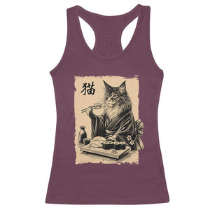 Vintage Japanese Cat Eating Sushi Racerback Tank Top Funny Maine Coon Kimono Gift TS12 Maroon Print Your Wear