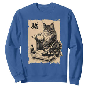 Vintage Japanese Cat Eating Sushi Sweatshirt Funny Maine Coon Kimono Gift TS12 Royal Blue Print Your Wear