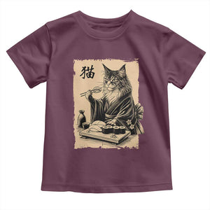 Vintage Japanese Cat Eating Sushi Toddler T Shirt Funny Maine Coon Kimono Gift TS12 Maroon Print Your Wear