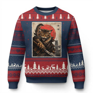 Japanese Maine Coon Samurai Warrior Ugly Christmas Sweater Vintage Ukiyoe Cat TS12 Navy Red Print Your Wear