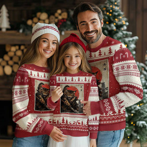Japanese Maine Coon Samurai Warrior Ugly Christmas Sweater Vintage Ukiyoe Cat TS12 Red Beige Print Your Wear