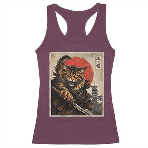 Japanese Maine Coon Samurai Warrior Racerback Tank Top Vintage Ukiyoe Cat TS12 Maroon Print Your Wear