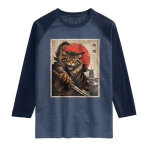 Japanese Maine Coon Samurai Warrior Raglan Shirt Vintage Ukiyoe Cat TS12 Heather Denim Navy Print Your Wear