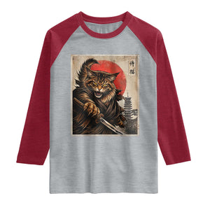 Japanese Maine Coon Samurai Warrior Raglan Shirt Vintage Ukiyoe Cat TS12 Heather Gray Heather Red Print Your Wear