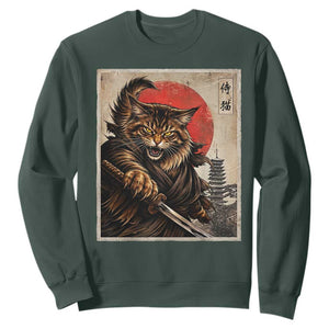 Japanese Maine Coon Samurai Warrior Sweatshirt Vintage Ukiyoe Cat TS12 Dark Forest Green Print Your Wear