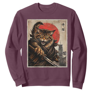 Japanese Maine Coon Samurai Warrior Sweatshirt Vintage Ukiyoe Cat TS12 Maroon Print Your Wear