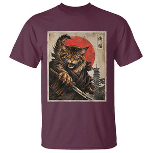 Japanese Maine Coon Samurai Warrior T Shirt Vintage Ukiyoe Cat TS12 Maroon Print Your Wear