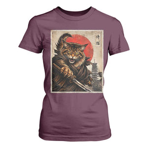 Japanese Maine Coon Samurai Warrior T Shirt For Women Vintage Ukiyoe Cat TS12 Maroon Print Your Wear
