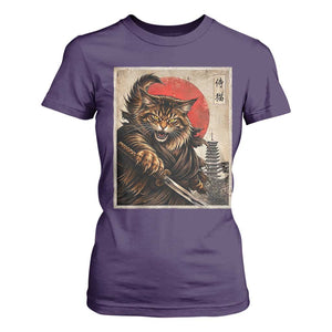 Japanese Maine Coon Samurai Warrior T Shirt For Women Vintage Ukiyoe Cat TS12 Purple Print Your Wear