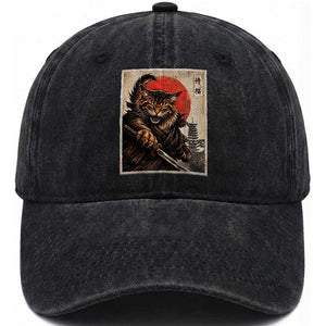 Japanese Maine Coon Samurai Warrior Washed Cotton Baseball Cap Vintage Ukiyoe Cat TS12 Print Your Wear