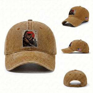 Japanese Maine Coon Samurai Warrior Washed Cotton Baseball Cap Vintage Ukiyoe Cat TS12 Washed Cap Universal Fit Yellow Ochre Print Your Wear