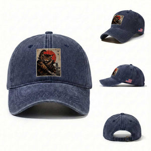 Japanese Maine Coon Samurai Warrior Washed Cotton Baseball Cap Vintage Ukiyoe Cat TS12 Washed Cap Universal Fit Navy Print Your Wear