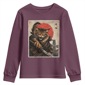 Japanese Maine Coon Samurai Warrior Youth Sweatshirt Vintage Ukiyoe Cat TS12 Maroon Print Your Wear