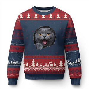 Cute British Shorthair Cat Peeking Through Cracked Wall Ugly Christmas Sweater TS12 Navy Red Print Your Wear