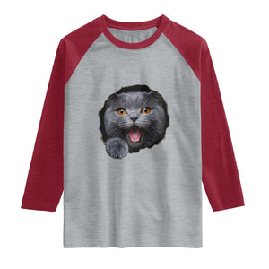 Cute British Shorthair Cat Peeking Through Cracked Wall Raglan Shirt TS12 Heather Gray Heather Red Print Your Wear