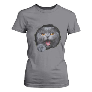 Cute British Shorthair Cat Peeking Through Cracked Wall T Shirt For Women TS12 Charcoal Print Your Wear