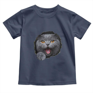 Cute British Shorthair Cat Peeking Through Cracked Wall Toddler T Shirt TS12 Navy Print Your Wear