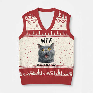 Funny Shocked British Shorthair Cat V-Neck Knit Sweater Vest Where Is The Food TS12 Beige Red Print Your Wear