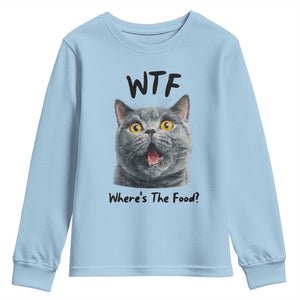 Funny Shocked British Shorthair Cat Youth Sweatshirt Where Is The Food TS12 Light Blue Print Your Wear