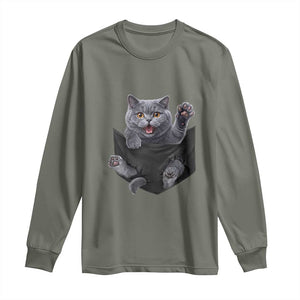 Cute British Shorthair Cat In Pocket Long Sleeve Shirt Cat Lover TS12 Military Green Print Your Wear
