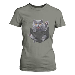 Cute British Shorthair Cat In Pocket T Shirt For Women Cat Lover TS12 Military Green Print Your Wear