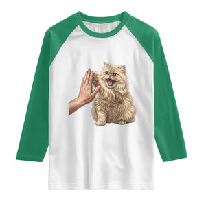 Cute Persian Cat High Five Raglan Shirt Cat Lover TS12 White Kelly Green Print Your Wear