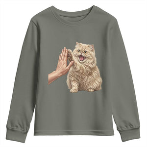 Cute Persian Cat High Five Youth Sweatshirt Cat Lover TS12 Military Green Print Your Wear