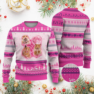 Three Hamsters Retro Graphic Ugly Christmas Sweater Small Pet Lover Gift Idea TS12 Hot Pink Print Your Wear