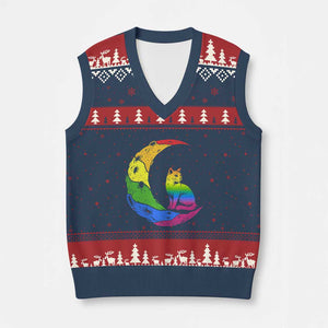 Rainbow Moon Cat Pride V-Neck Knit Sweater Vest LGBT Feline Graphic TS12 Navy Red Print Your Wear