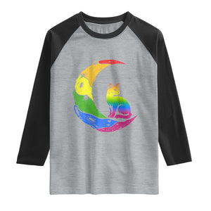 Rainbow Moon Cat Pride Raglan Shirt LGBT Feline Graphic TS12 Heather Gray Black Print Your Wear