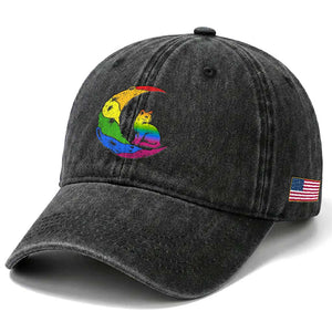 Rainbow Moon Cat Pride Washed Cotton Baseball Cap LGBT Feline Graphic TS12 Print Your Wear