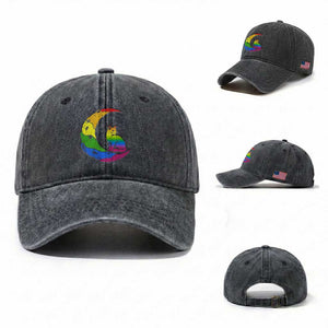 Rainbow Moon Cat Pride Washed Cotton Baseball Cap LGBT Feline Graphic TS12 Washed Cap Universal Fit Dark Gray Print Your Wear